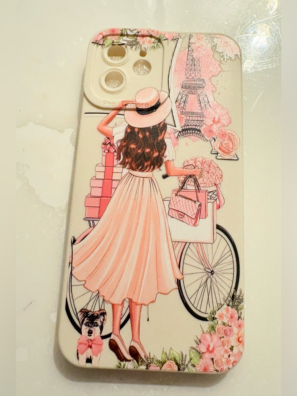 Pink Paris Fashion Phone Case with Bicycle Illustration for iPhone 12